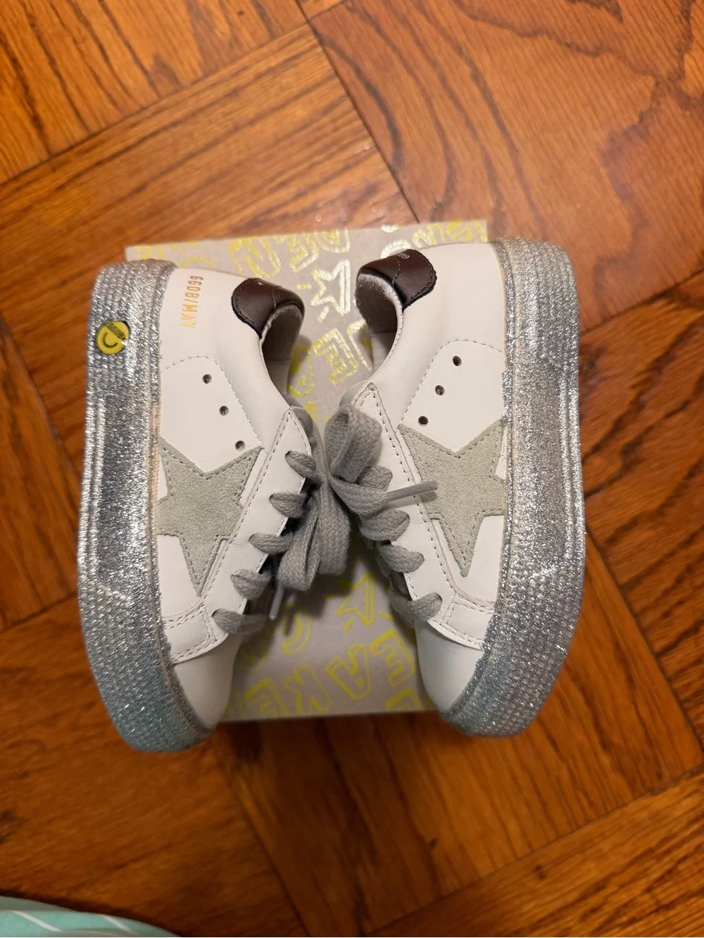 New - Golden Goose Kids White Sneakers with Silver Glitter Trim